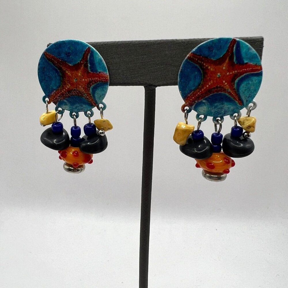 Starfish Clip On Earrings Silver Tone Blue Disk with‎ Hanging Beads Drop Dangle